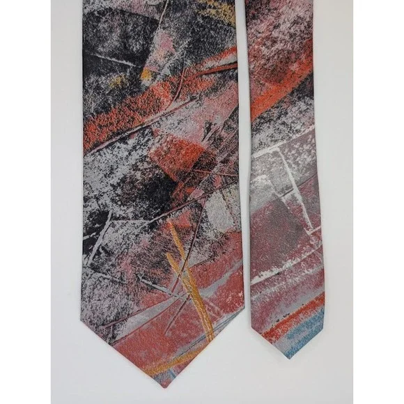 Italian‎ Silk Necktie Mens Orange Grey Abstract Art Print 80s 90s Classic SHORT