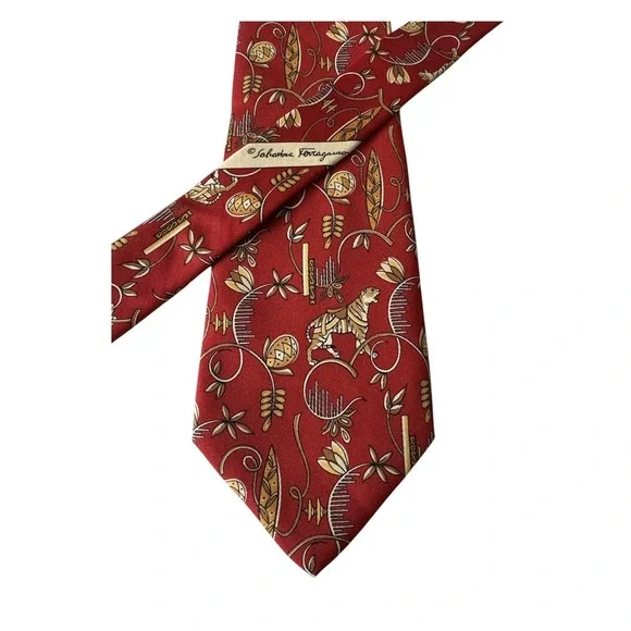 Salvatore Ferragamo 100% Silk Tie Italy Red Egyptian Tiger Designer Career‎ Rare