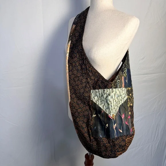 Boho Hippie Patchwork Sling Hobo Bag Celestial Sun Print with Small Wallet