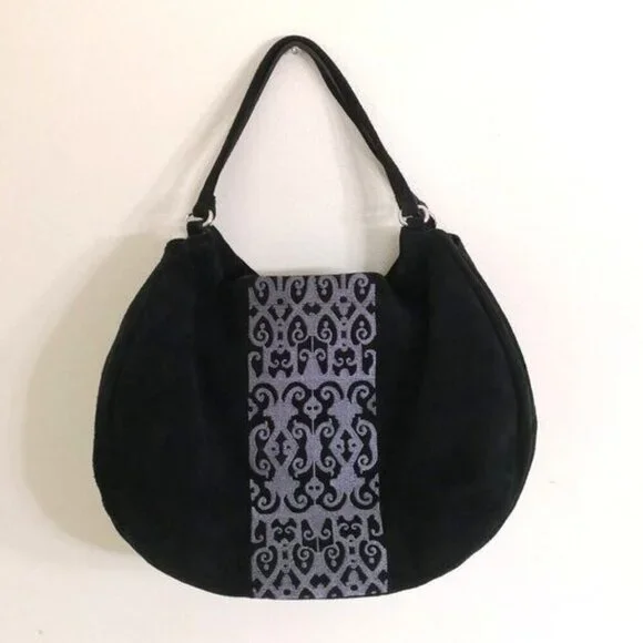 Adrienne Vittadini Boho Embroidered Sued‎ Leather Hobo Bag Black Grey