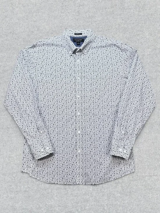 Banana Republic Button Down Shirt Mens Large White Navy Floral Stretch Soft Wash