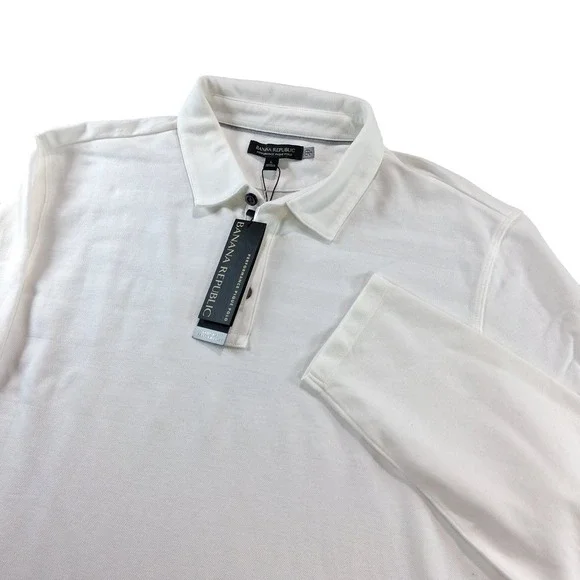 Banana Republic Polo Shirt Mens L White Performance Pique Long Sleeve Chevron
