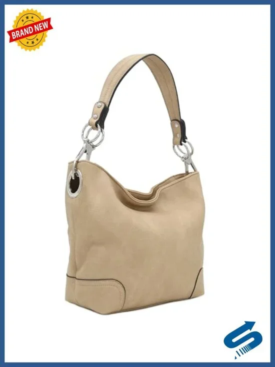 Faux Leather Hobo Shoulder Bag with Snap Hook Hardware - Taupe