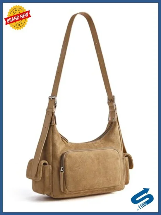 Faux Suede Crossbody Hobo Bag with Adjustable Strap, Multi Pockets for Travel