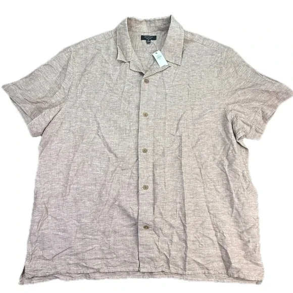Banana Republic Shirt Mens XXL Tan Linen Blend Short Sleeve Camp Collar 708936