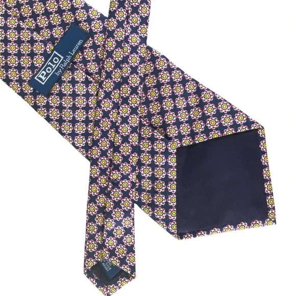 Polo Ralph Lauren Mens‎ Tie Blue Pink Floral Medallion Silk Made in USA 54x4