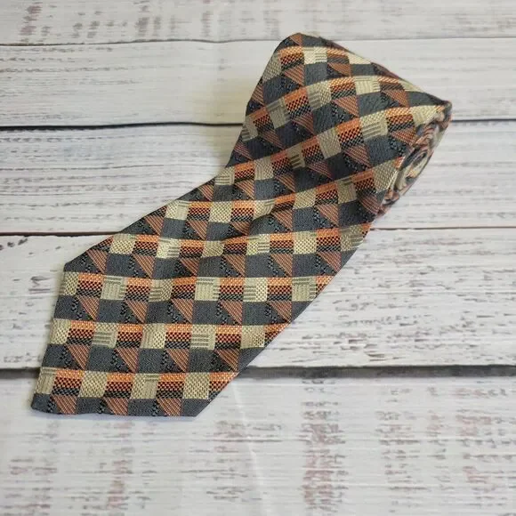Ermenegildo Zegna Tie Geometric Orange Gray 100% Silk Mens Neck Tie 58
