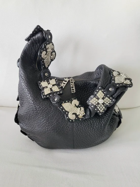 CHARM AND LUCK Black Leather Hobo Shoulder Satchel Purse