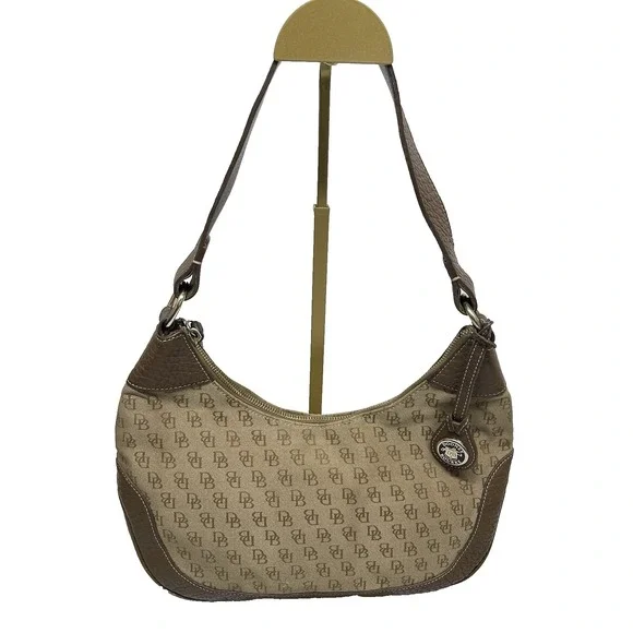 Vintage Dooney & Bourke Signature Canvas & Leather Shoulder Hobo Bag‎ Kaki Brown