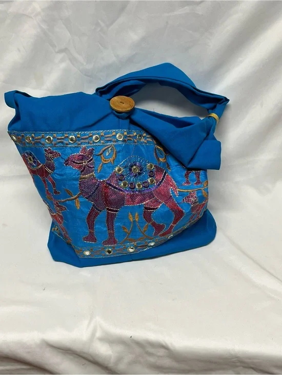 Blue Embroidered Camel Tote Bag