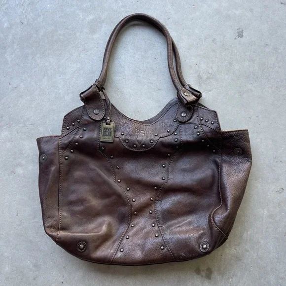 Vintage‎ Frye Brown Genuine Leather Studded Shoulder Bag Western Hobo Purse