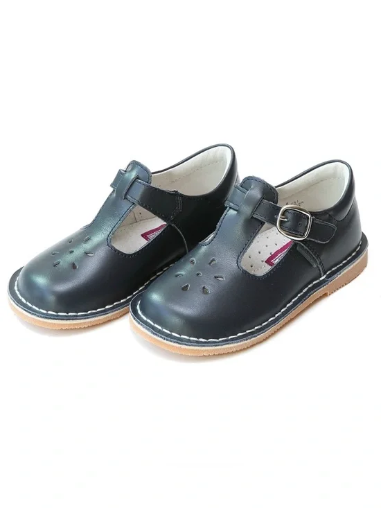 L’Amour Joy Classic Leather T-Strap Mary Jane in Navy Blue Girls sz 10