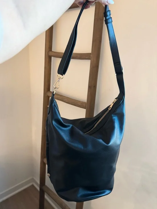 a new day Black Pebbled Leather Hobo with Gold Hardware