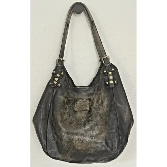 Lusher Soft and Slouchy Hobo Stone Washed Black Raw Onyx Italian Leather Studded