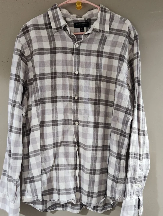 Banana Republic Plaid Button Down Shirt Linen Blend Beige Size XL