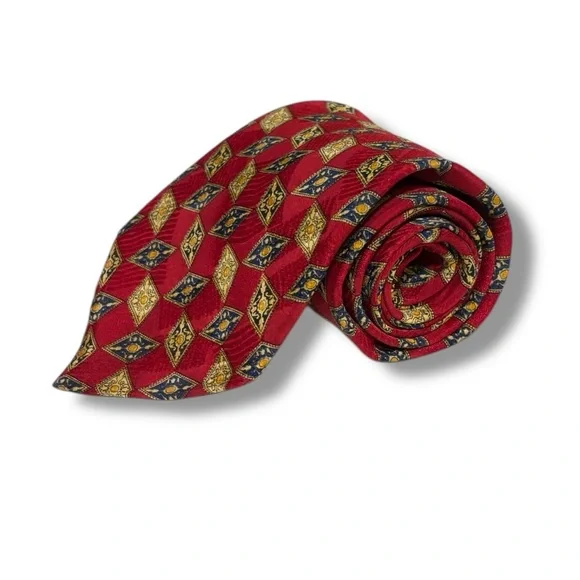 VALENTINO Red, Navy, & Gold Geometric Pattern All Silk Tie