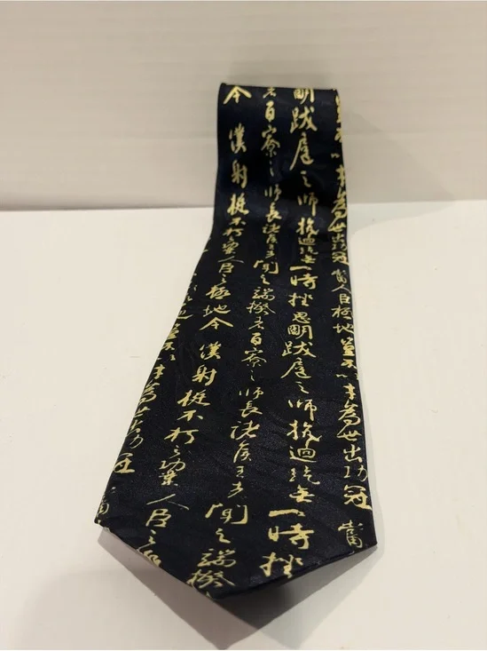 GOLD CITY Hand Made Navy Blue Necktie Tie Chinese Calligraphy Printed Silk