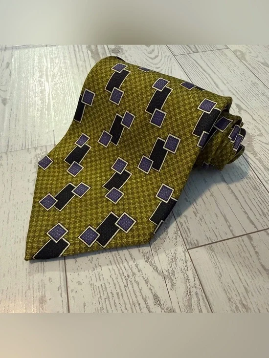 Z. INC, Vintage 100% Silk Tie, Geometric Olive Green, Black, Purple Necktie