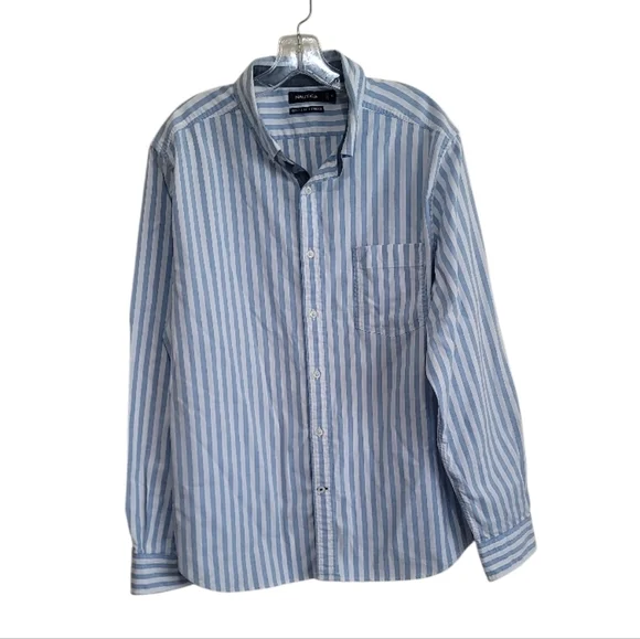 Nautica Men Classic Fit Blue and Striped Men's Longsleeve Shirt Size Xlarge