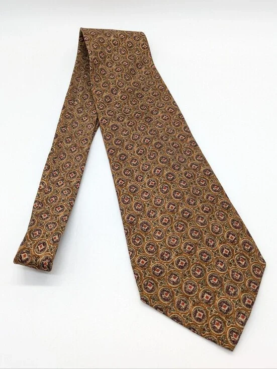 Vintage Calvin Klein Brown Red Circle Floral Abstract Silk Tie