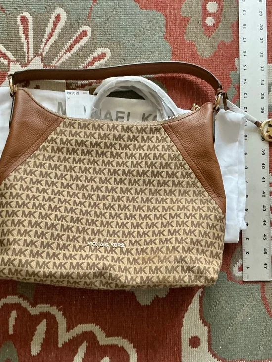 ⁠NWT Michael Kors Signature Jacquard Leather Shoulder Hobo Bag Brown $198 w/ Dus