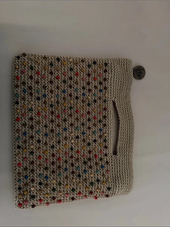 The Sak Cream Crochet Clutch with Multicolor Studs