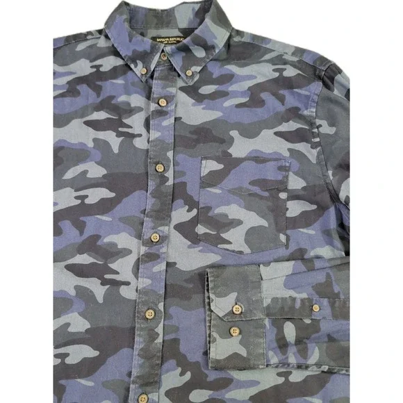 Banana Republic Luxe Flannel Shirt Mens L Blue Camo Untucked Slim Fit Stretch