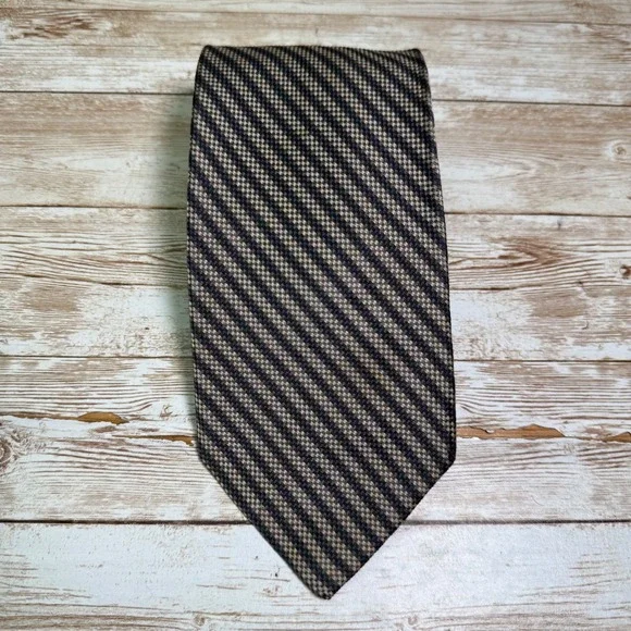 Brooks Brothers Tie Men OS Blue Tan Striped Micro Check Silk Makers USA