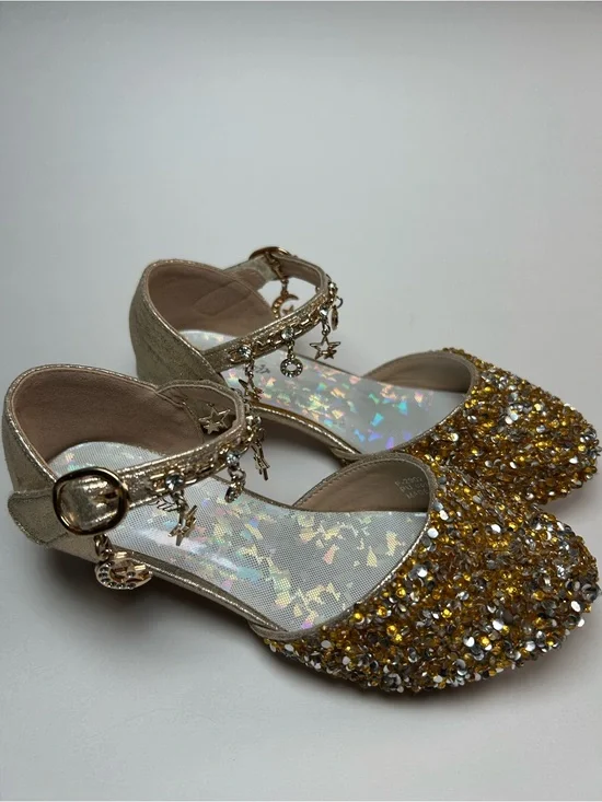 Turdeoir Girls Rhinestone Mary Jane Heels Gold Star Moon Charm Dress Shoes 13