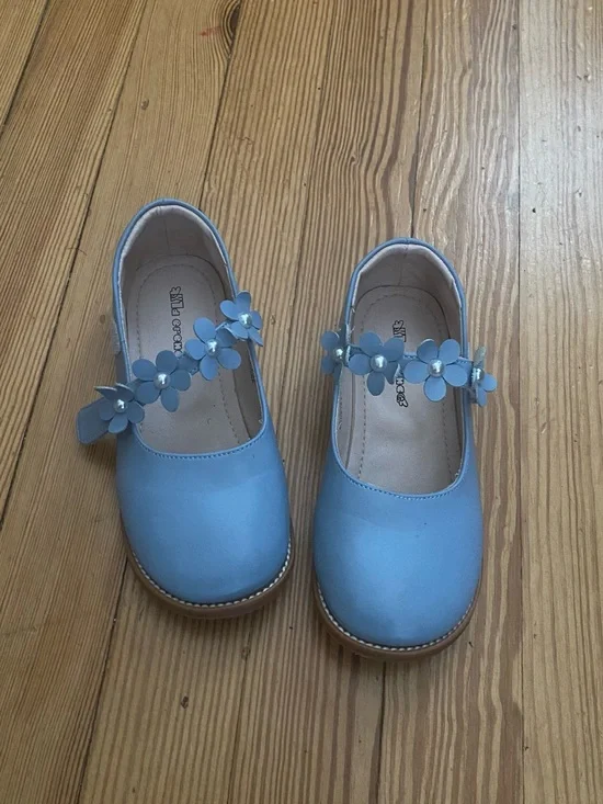 Girls Light Blue Floral Strap Dress Mary Janes