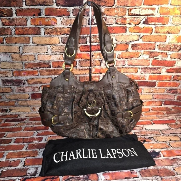 Charlie Lapson Hobo Bag Brown Crocodile Print