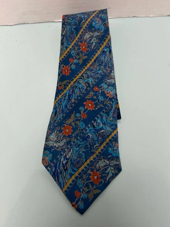 Navy Blue Floral & Stripe Men's Tie with Orange Accents