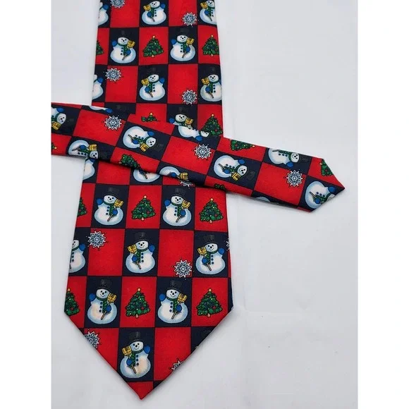 Hallmark Yule Tie Greetings Mens Christmas Snowman Tree Red Navy Blue Silk Tie
