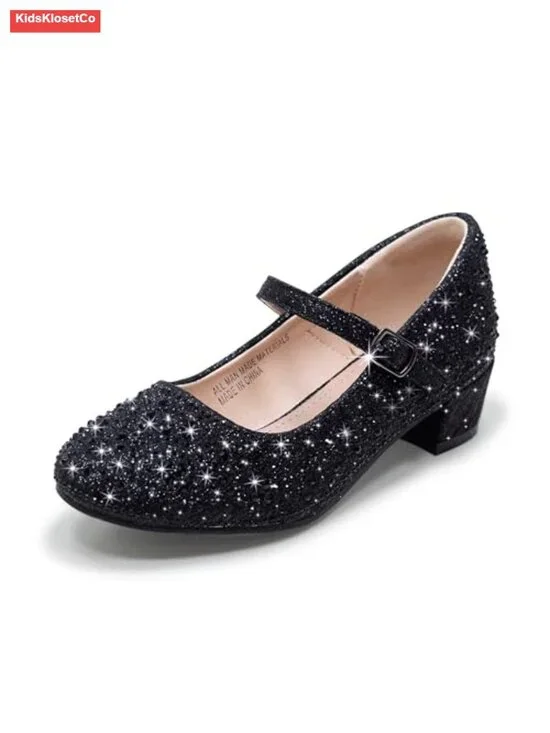 Girls Mary Jane Flats Low Heel Princess Flower Wedding Glitter Dress Shoes