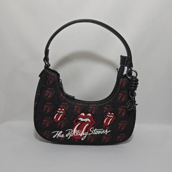 The Rolling Stones All-Over Tongue Logo Black Denim Small Hobo Bag