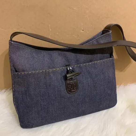 RALPH LAUREN Blue Denim Y2K Vintage Shoulder Bag Slim Hobo Contrast Stitching
