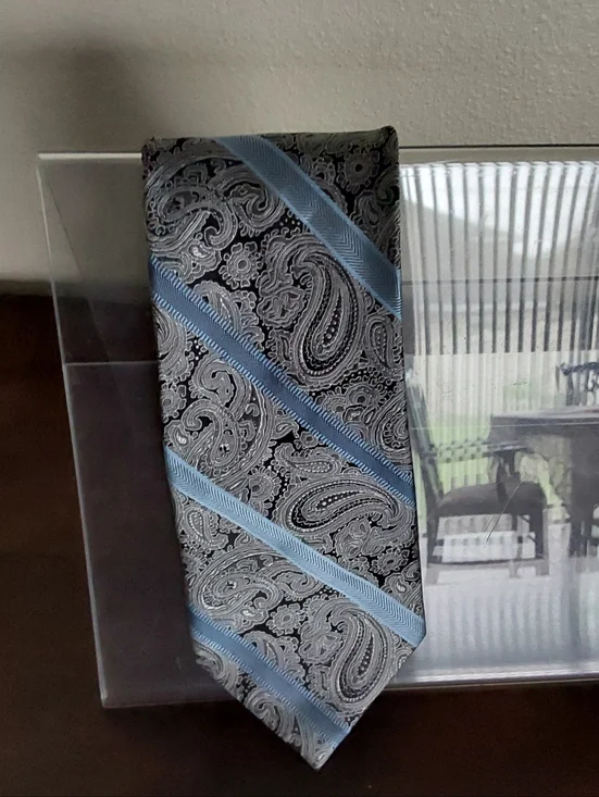 Pronto Uomo Silver Gray and Light Blue Paisley Diagonal‎ Stripe Silk Tie