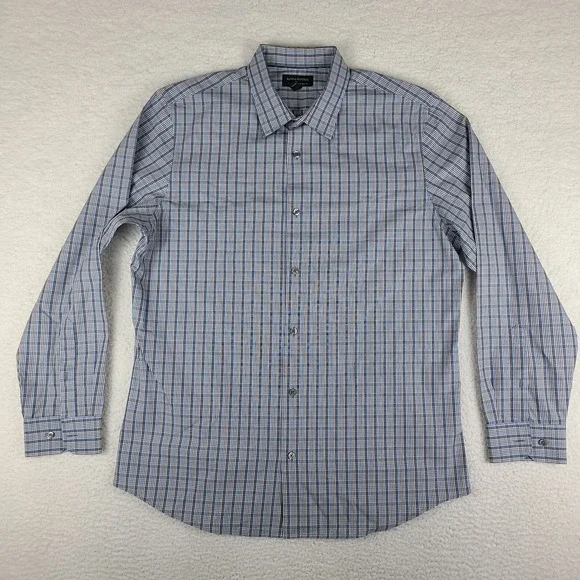 Banana Republic Shirt Mens XL Blue Brown Plaid Tailored Slim Fit Dress Button Up