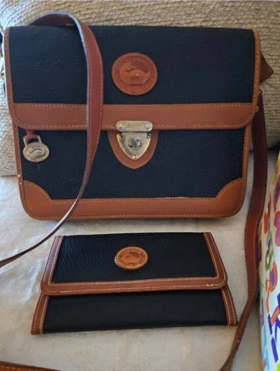 2Pc. Dooney & Bourke Black Tan Trim Pebble Leather Duck Crossbody and Wallet Set