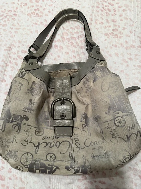 Coach Taupe Gray Logo Hobo Bag with Leather Trim