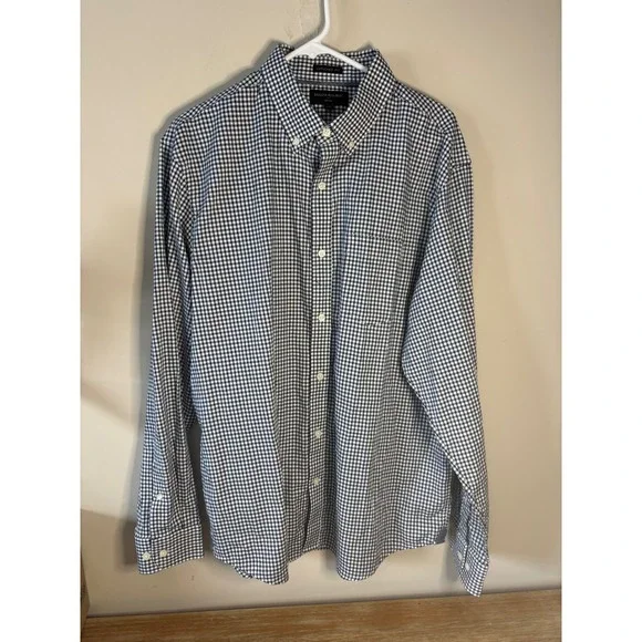 Banana Republic Mens XL Untucked Fit Oxford Shirt Navy Gingham Check Cotton‎