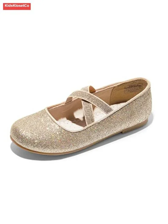 Girls Ballerina Dress Shoes Mary Jane Flats Crossover Straps Round Toe Glitter
