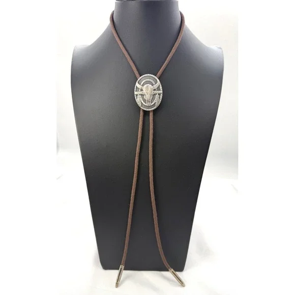 Ivan Western Bull Skull Bolo Tie Brown Braided Cord Silver Tone Bullet Tips