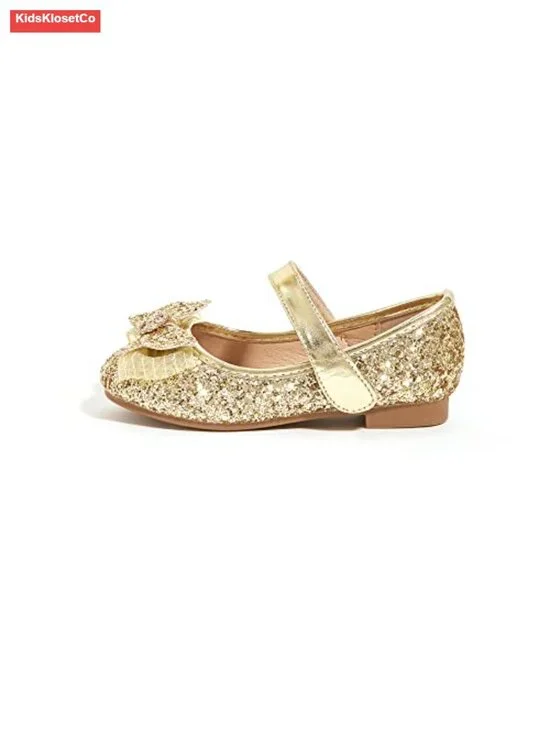 Toddler Girl Mary Jane Dress Glitter Flats Shoes with Bowknot
