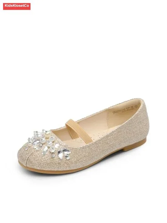 Girls Ballet Flats with Pearls Rhinestones Elastic Strap Dress Shoes