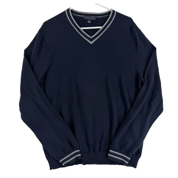 Banana Republic Sweater Mens‎ Large Blue Pima Cotton Wool V Neck Knit Pullover