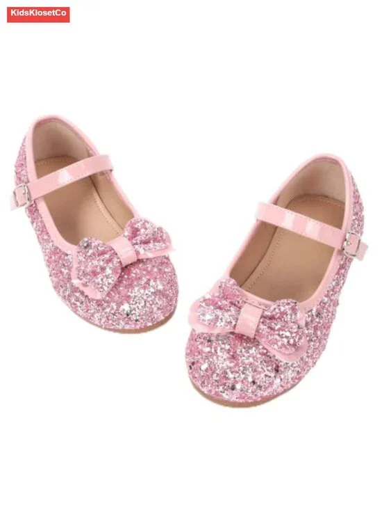 Glitter Toddler Princess Shoes Sparkly Heels with Bow Low Heel Anti-Slip for