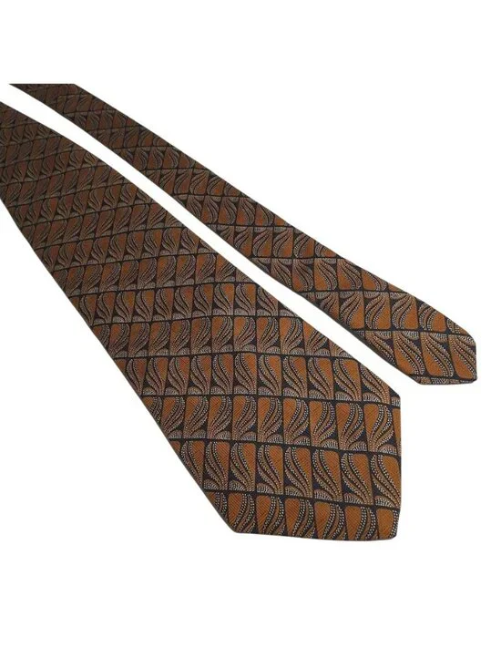 Donna Karan Silk Tie Abstract Brown Gold Geometric Pattern Design Mens Accessory