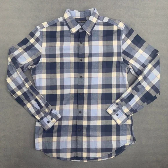 Banana‎ Republic Mens Luxe Flannel Grant Fit Blue Buffalo Plaid Shirt M