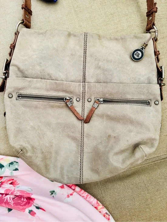 The Sak Neutral Beige Crossbody Bag with Brown Leather Strap
